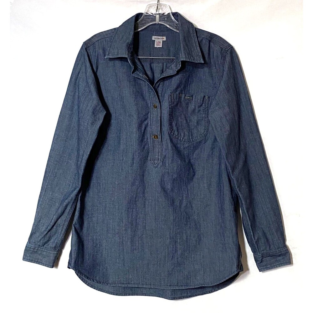 Carhartt Denim Henley Shirt Womens Small Blue Medium Wash Pocket Pullover